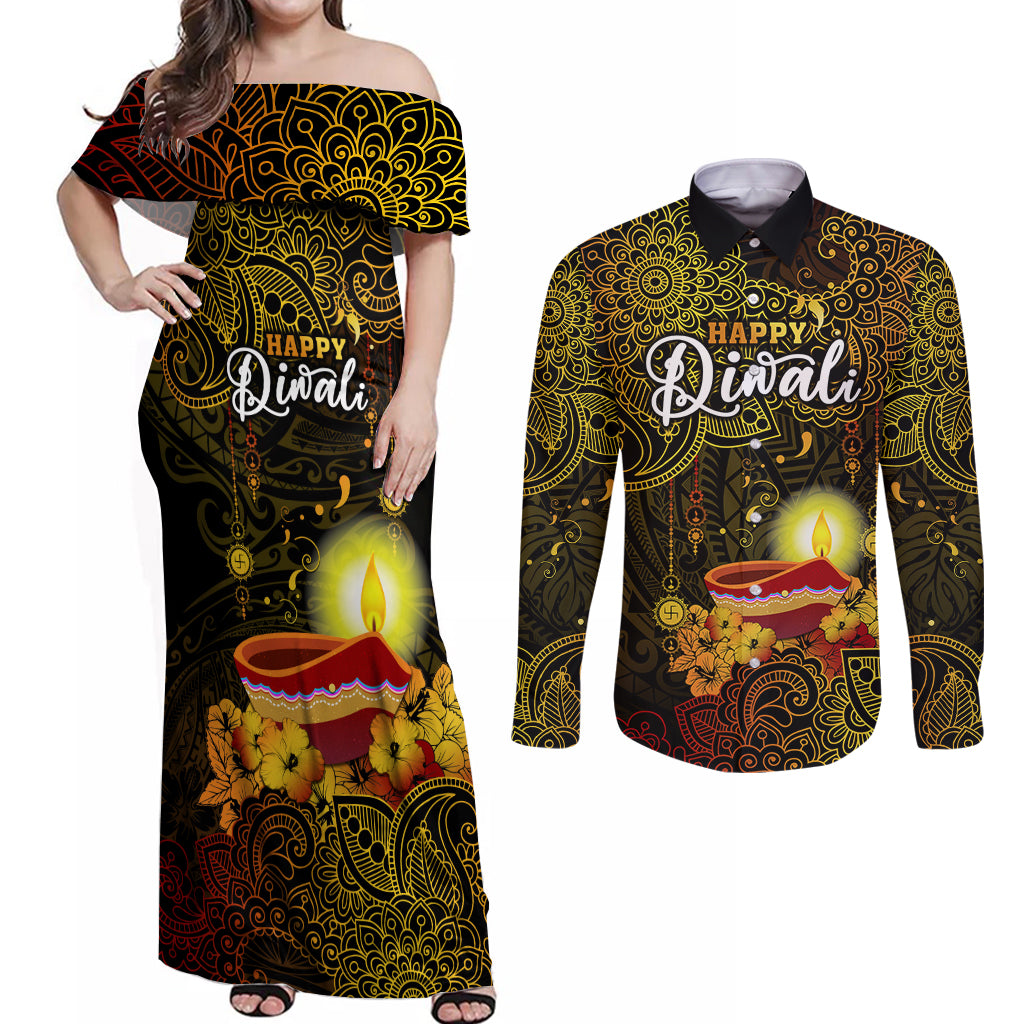 happy-diwali-festival-couples-matching-off-shoulder-maxi-dress-and-long-sleeve-button-shirts-diya-lamp-hibiscus-polynesian-pattern