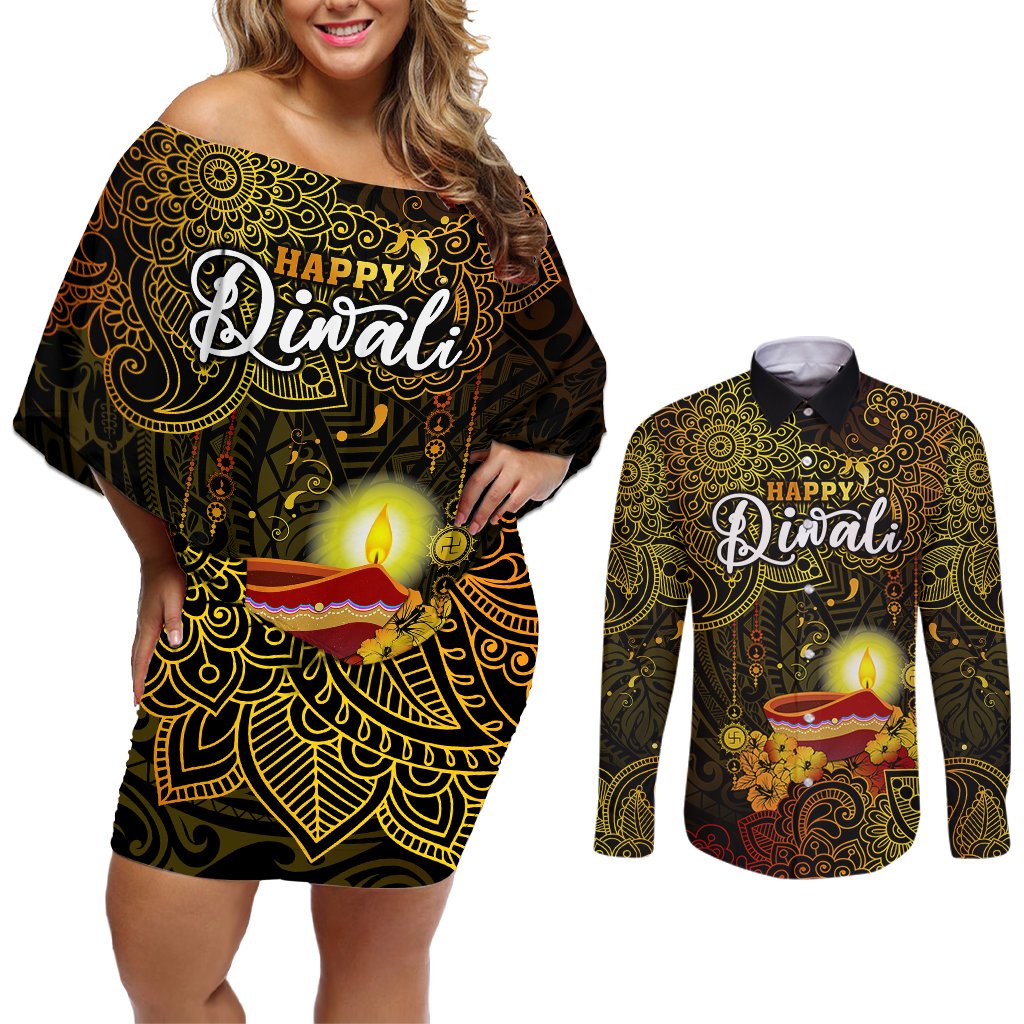 Happy Diwali Festival Couples Matching Off Shoulder Short Dress and Long Sleeve Button Shirts Diya Lamp Hibiscus Polynesian Pattern LT05 Yellow - Polynesian Pride