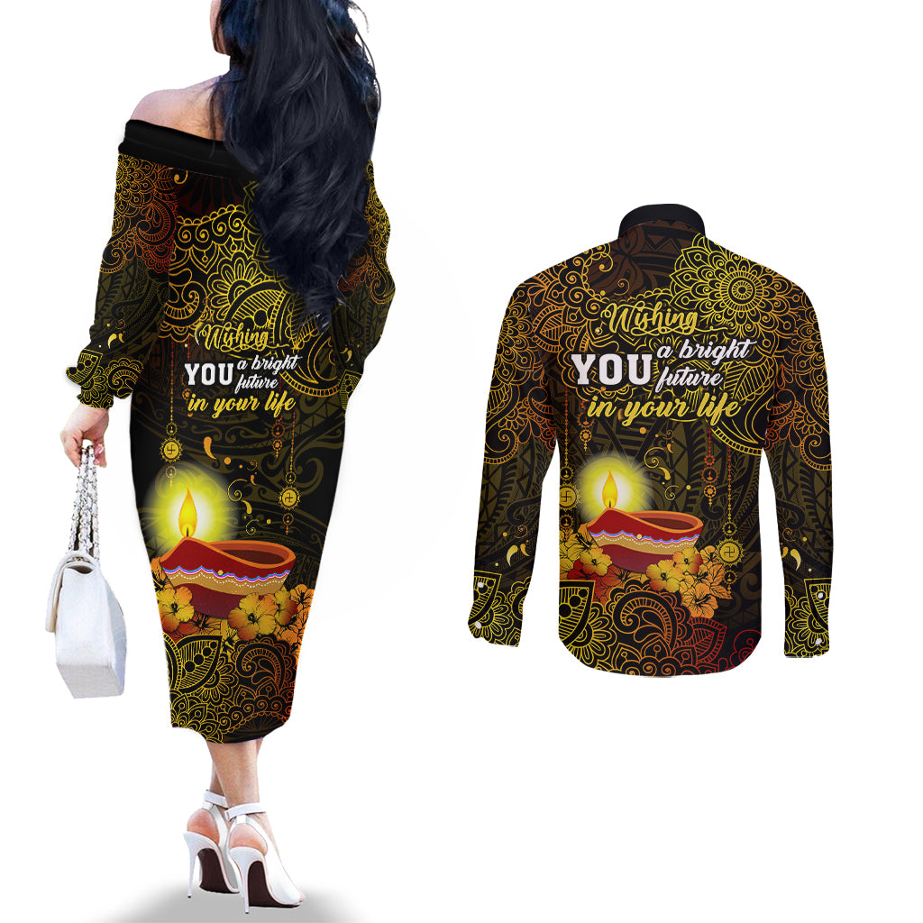 Happy Diwali Festival Couples Matching Off The Shoulder Long Sleeve Dress and Long Sleeve Button Shirts Diya Lamp Hibiscus Polynesian Pattern LT05 - Polynesian Pride