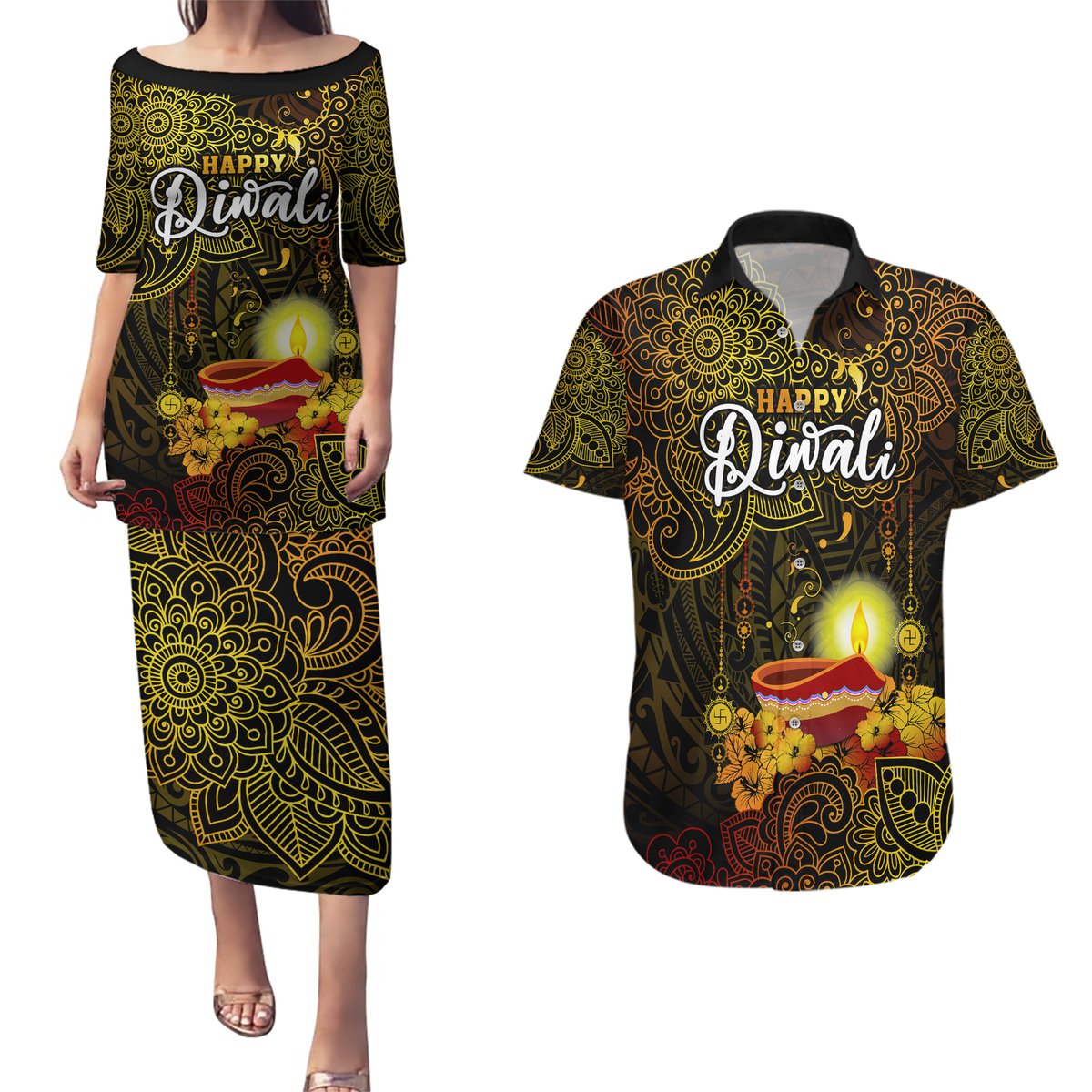 Happy Diwali Festival Couples Matching Puletasi Dress and Hawaiian Shirt Diya Lamp Hibiscus Polynesian Pattern LT05 Yellow - Polynesian Pride