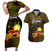 Happy Diwali Festival Couples Matching Short Sleeve Bodycon Dress and Hawaiian Shirt Diya Lamp Hibiscus Polynesian Pattern LT05 Yellow - Polynesian Pride