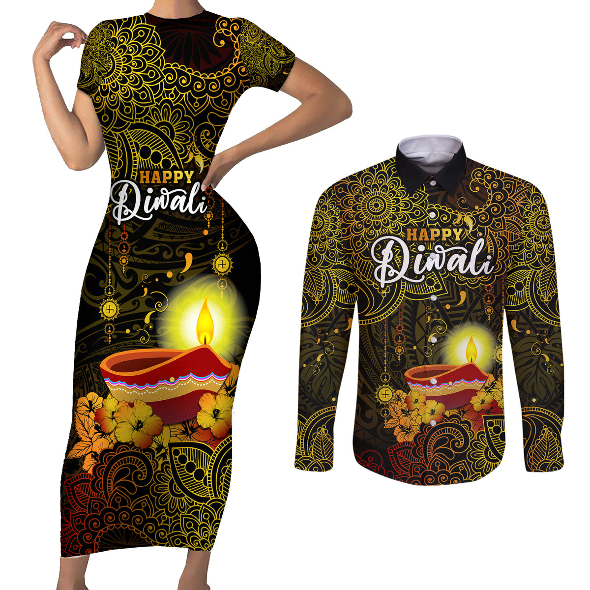 Happy Diwali Festival Couples Matching Short Sleeve Bodycon Dress and Long Sleeve Button Shirts Diya Lamp Hibiscus Polynesian Pattern LT05 Yellow - Polynesian Pride