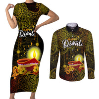 Happy Diwali Festival Couples Matching Short Sleeve Bodycon Dress and Long Sleeve Button Shirts Diya Lamp Hibiscus Polynesian Pattern LT05 Yellow - Polynesian Pride