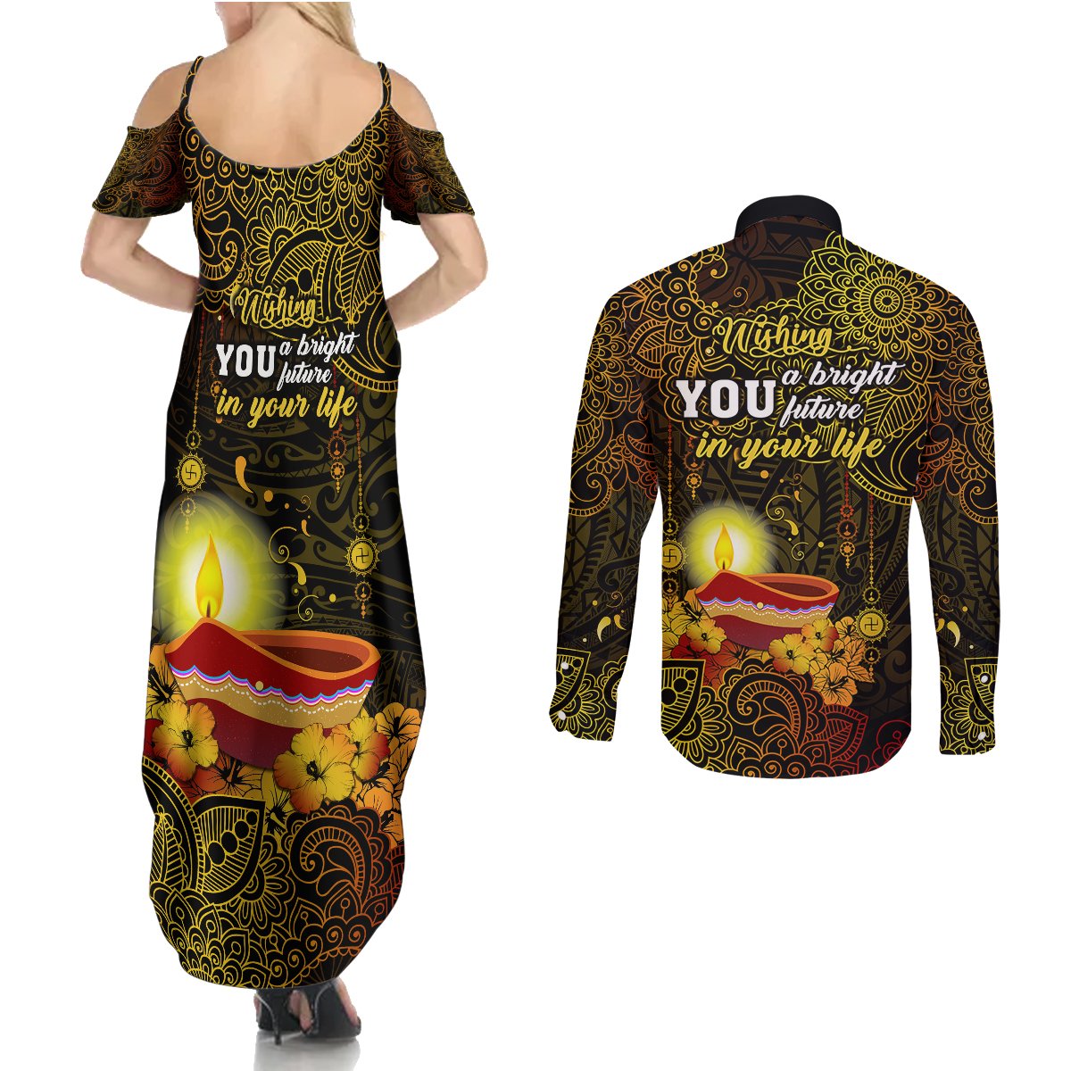 happy-diwali-festival-couples-matching-summer-maxi-dress-and-long-sleeve-button-shirts-diya-lamp-hibiscus-polynesian-pattern