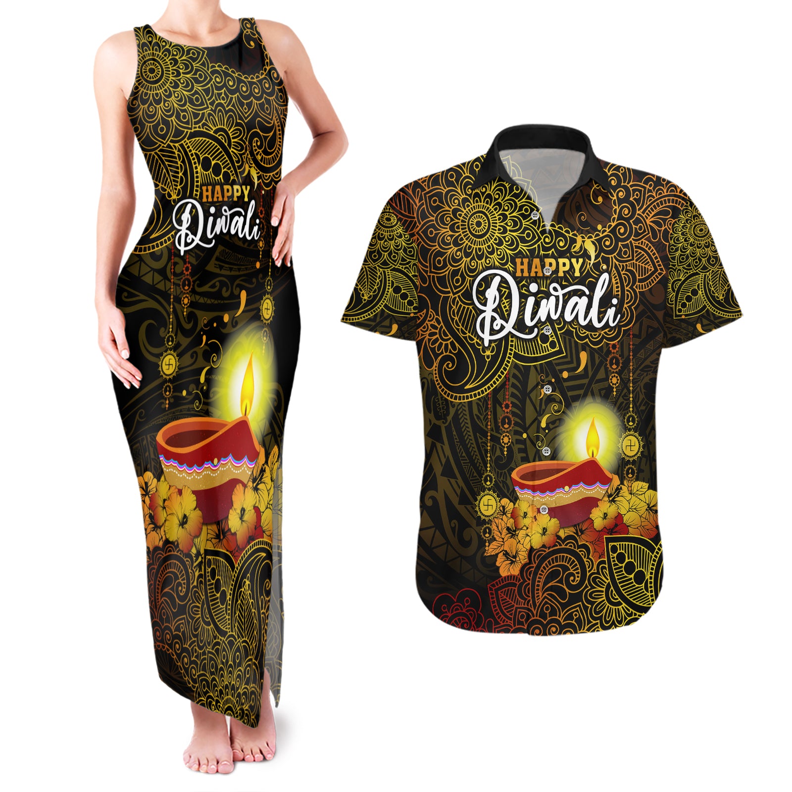happy-diwali-festival-couples-matching-tank-maxi-dress-and-hawaiian-shirt-diya-lamp-hibiscus-polynesian-pattern