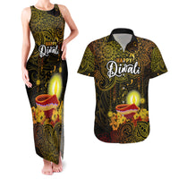 Happy Diwali Festival Couples Matching Tank Maxi Dress and Hawaiian Shirt Diya Lamp Hibiscus Polynesian Pattern LT05 Yellow - Polynesian Pride