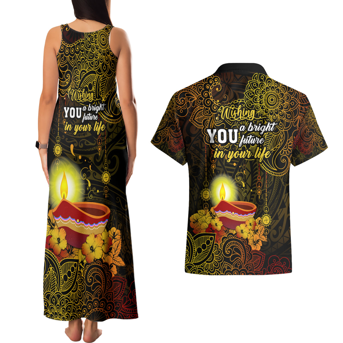 Happy Diwali Festival Couples Matching Tank Maxi Dress and Hawaiian Shirt Diya Lamp Hibiscus Polynesian Pattern LT05 - Polynesian Pride