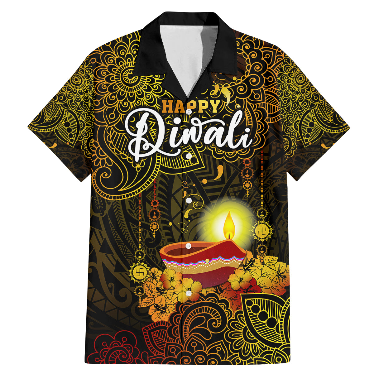 Happy Diwali Festival Family Matching Mermaid Dress and Hawaiian Shirt Diya Lamp Hibiscus Polynesian Pattern LT05 Dad's Shirt - Short Sleeve Yellow - Polynesian Pride