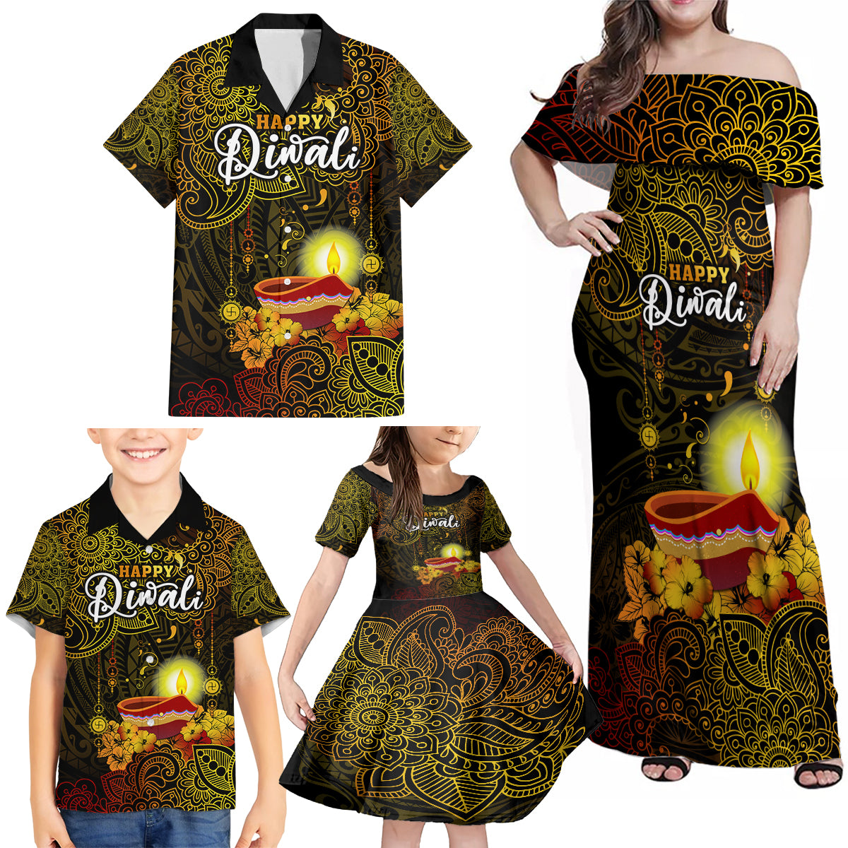 Happy Diwali Festival Family Matching Off Shoulder Maxi Dress and Hawaiian Shirt Diya Lamp Hibiscus Polynesian Pattern LT05 - Polynesian Pride