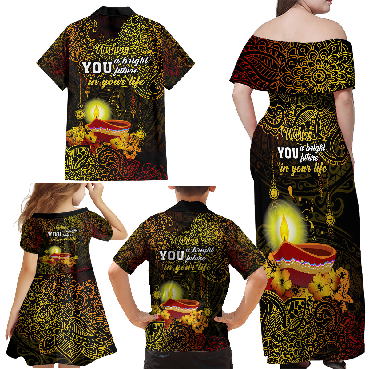 Happy Diwali Festival Family Matching Off Shoulder Maxi Dress and Hawaiian Shirt Diya Lamp Hibiscus Polynesian Pattern LT05 - Polynesian Pride