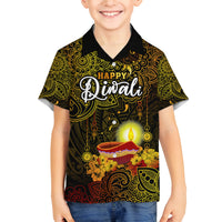 Happy Diwali Festival Family Matching Off Shoulder Maxi Dress and Hawaiian Shirt Diya Lamp Hibiscus Polynesian Pattern LT05 Son's Shirt Yellow - Polynesian Pride