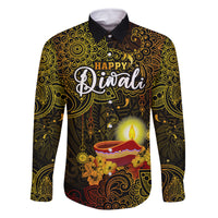 Happy Diwali Festival Family Matching Off Shoulder Short Dress and Hawaiian Shirt Diya Lamp Hibiscus Polynesian Pattern LT05 Dad's Shirt - Long Sleeve Yellow - Polynesian Pride