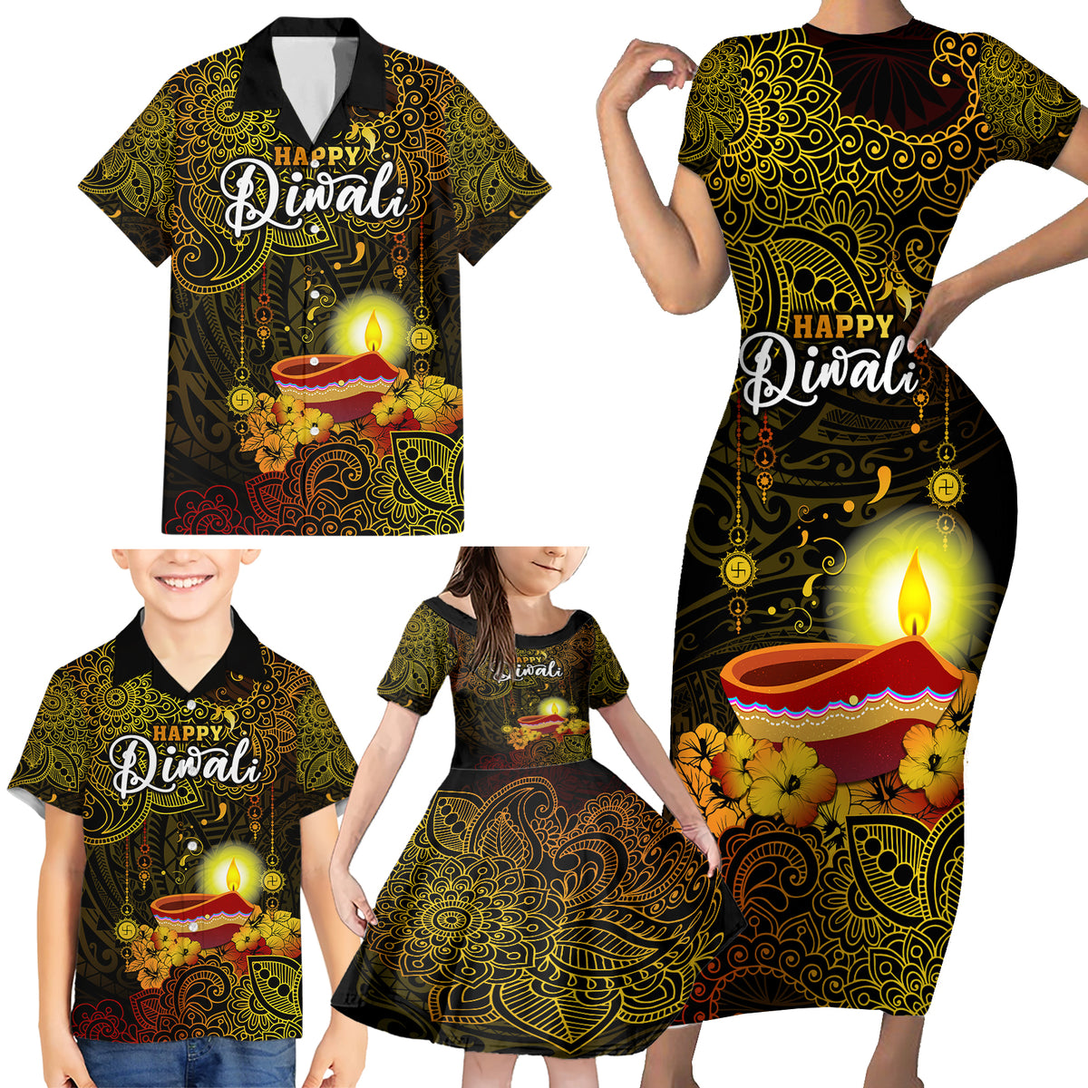 Happy Diwali Festival Family Matching Short Sleeve Bodycon Dress and Hawaiian Shirt Diya Lamp Hibiscus Polynesian Pattern LT05 - Polynesian Pride