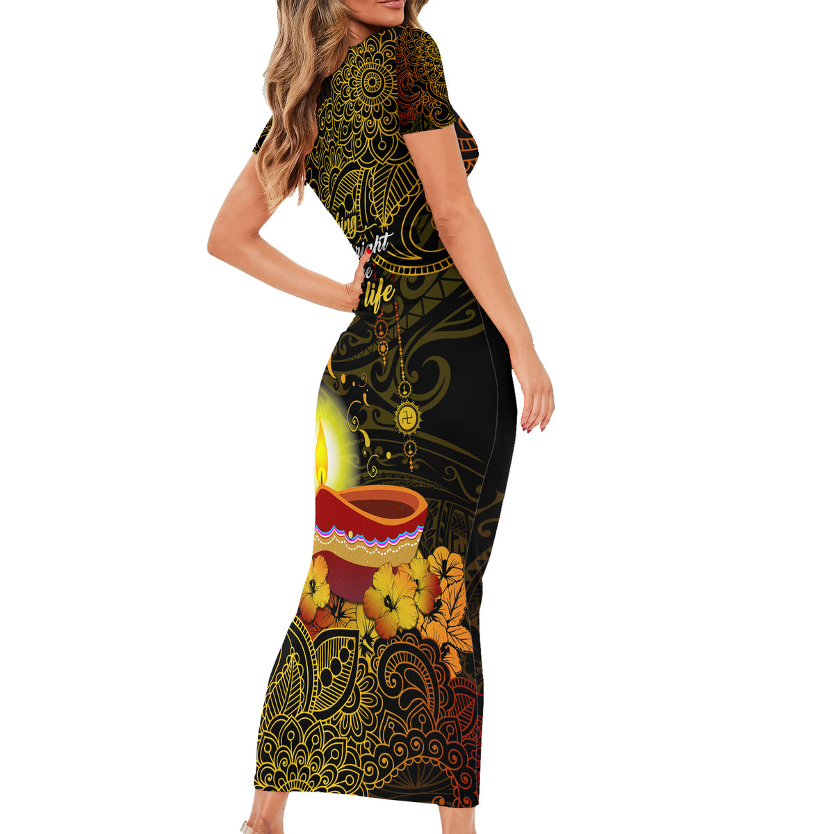 Happy Diwali Festival Family Matching Short Sleeve Bodycon Dress and Hawaiian Shirt Diya Lamp Hibiscus Polynesian Pattern LT05 - Polynesian Pride