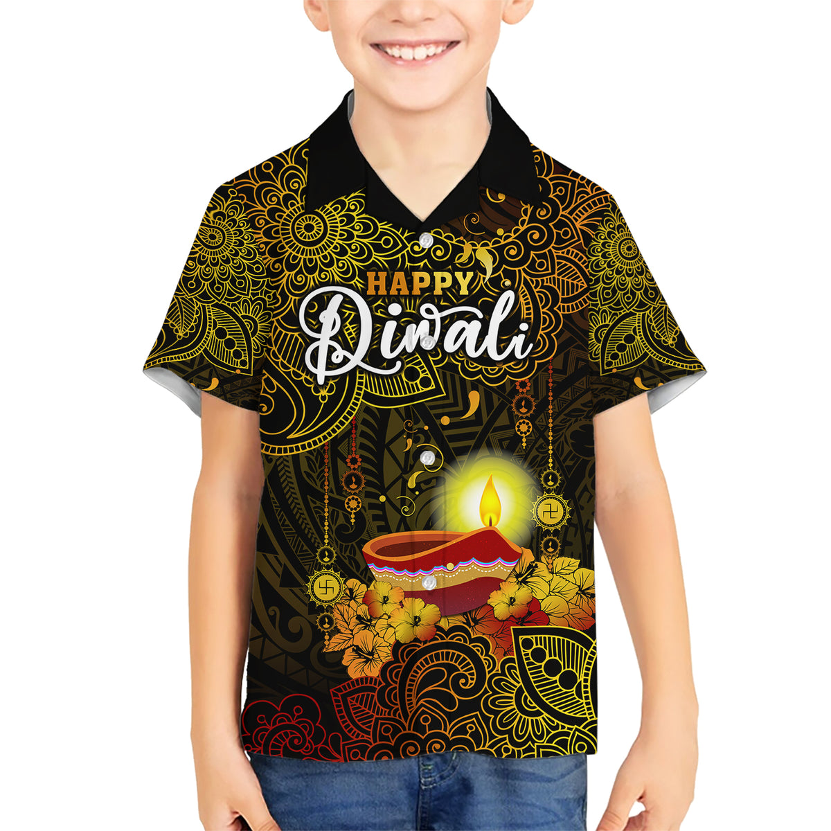 Happy Diwali Festival Family Matching Short Sleeve Bodycon Dress and Hawaiian Shirt Diya Lamp Hibiscus Polynesian Pattern LT05 Son's Shirt Yellow - Polynesian Pride