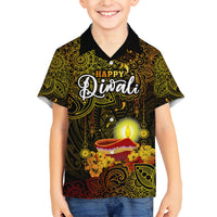 Happy Diwali Festival Family Matching Short Sleeve Bodycon Dress and Hawaiian Shirt Diya Lamp Hibiscus Polynesian Pattern LT05 Son's Shirt Yellow - Polynesian Pride