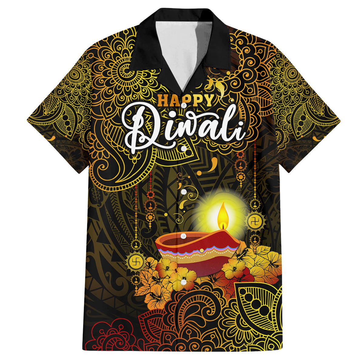 Happy Diwali Festival Family Matching Summer Maxi Dress and Hawaiian Shirt Diya Lamp Hibiscus Polynesian Pattern LT05 Dad's Shirt - Short Sleeve Yellow - Polynesian Pride