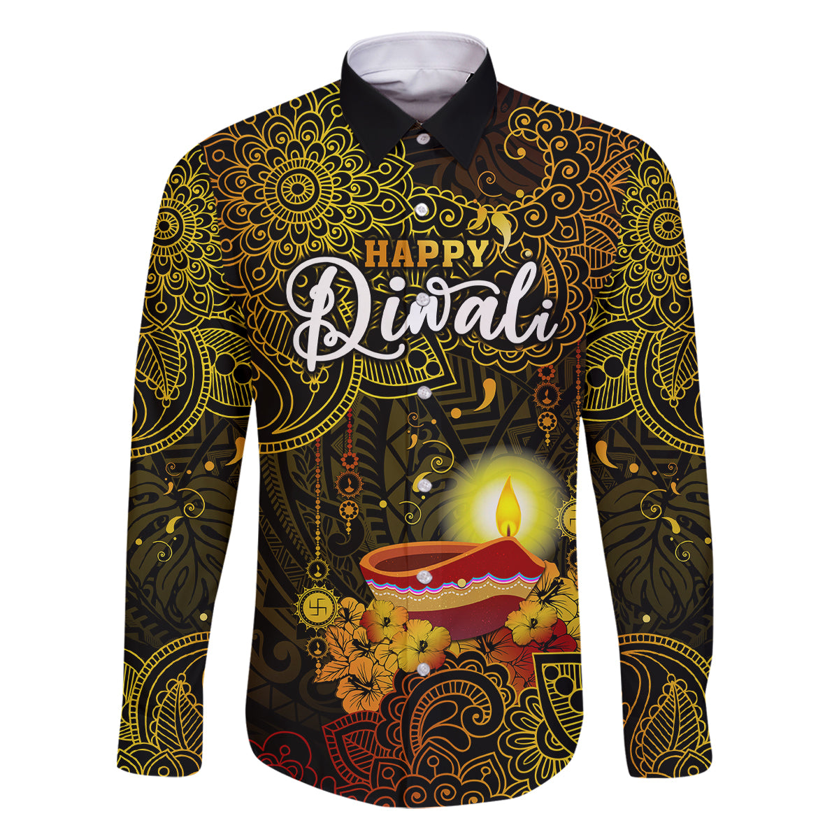 Happy Diwali Festival Family Matching Tank Maxi Dress and Hawaiian Shirt Diya Lamp Hibiscus Polynesian Pattern LT05 Dad's Shirt - Long Sleeve Yellow - Polynesian Pride