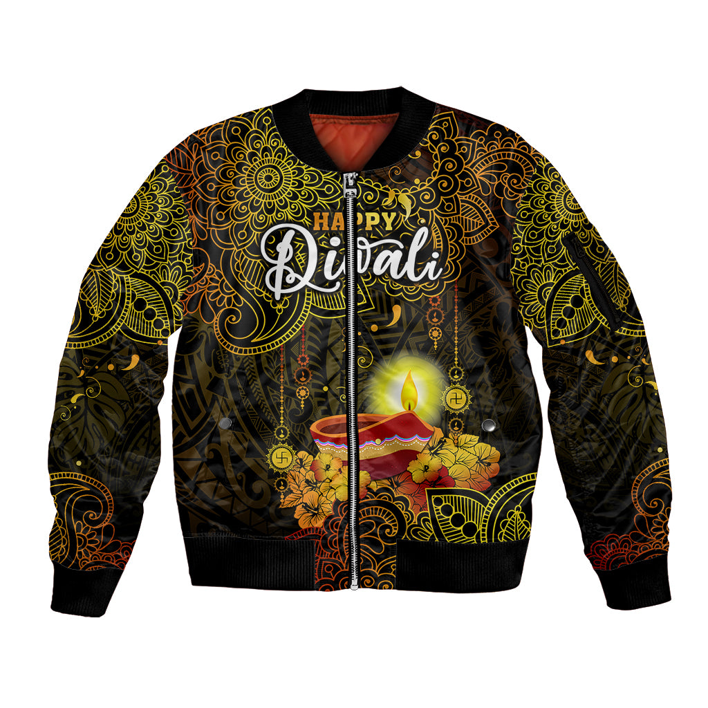 Happy Diwali Festival Sleeve Zip Bomber Jacket Diya Lamp Hibiscus Polynesian Pattern LT05 Unisex Yellow - Polynesian Pride