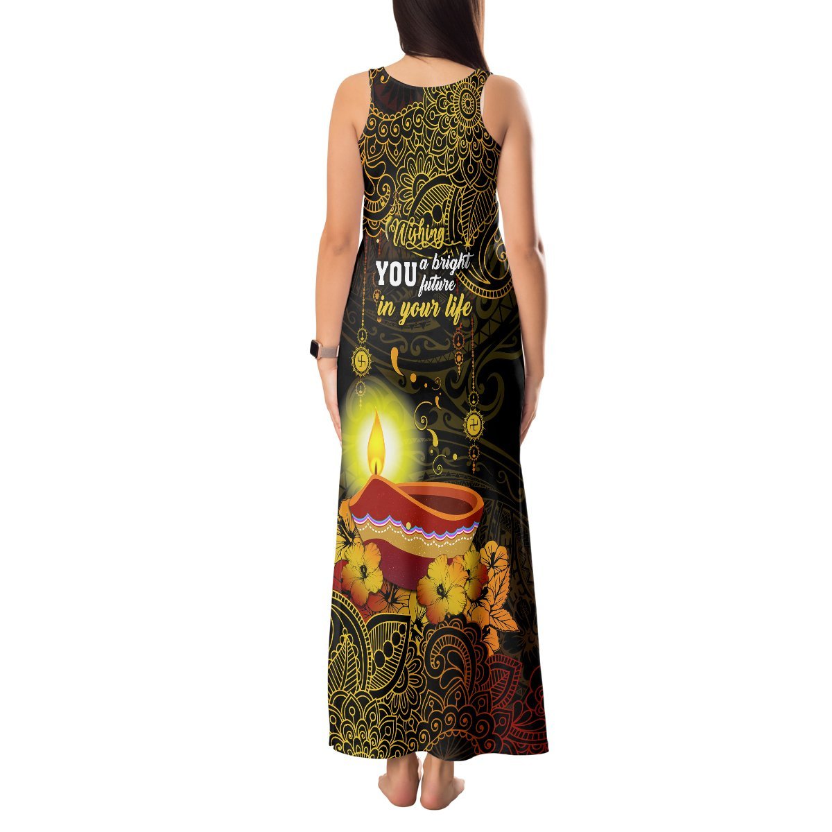 Happy Diwali Festival Tank Maxi Dress Diya Lamp Hibiscus Polynesian Pattern LT05 - Polynesian Pride