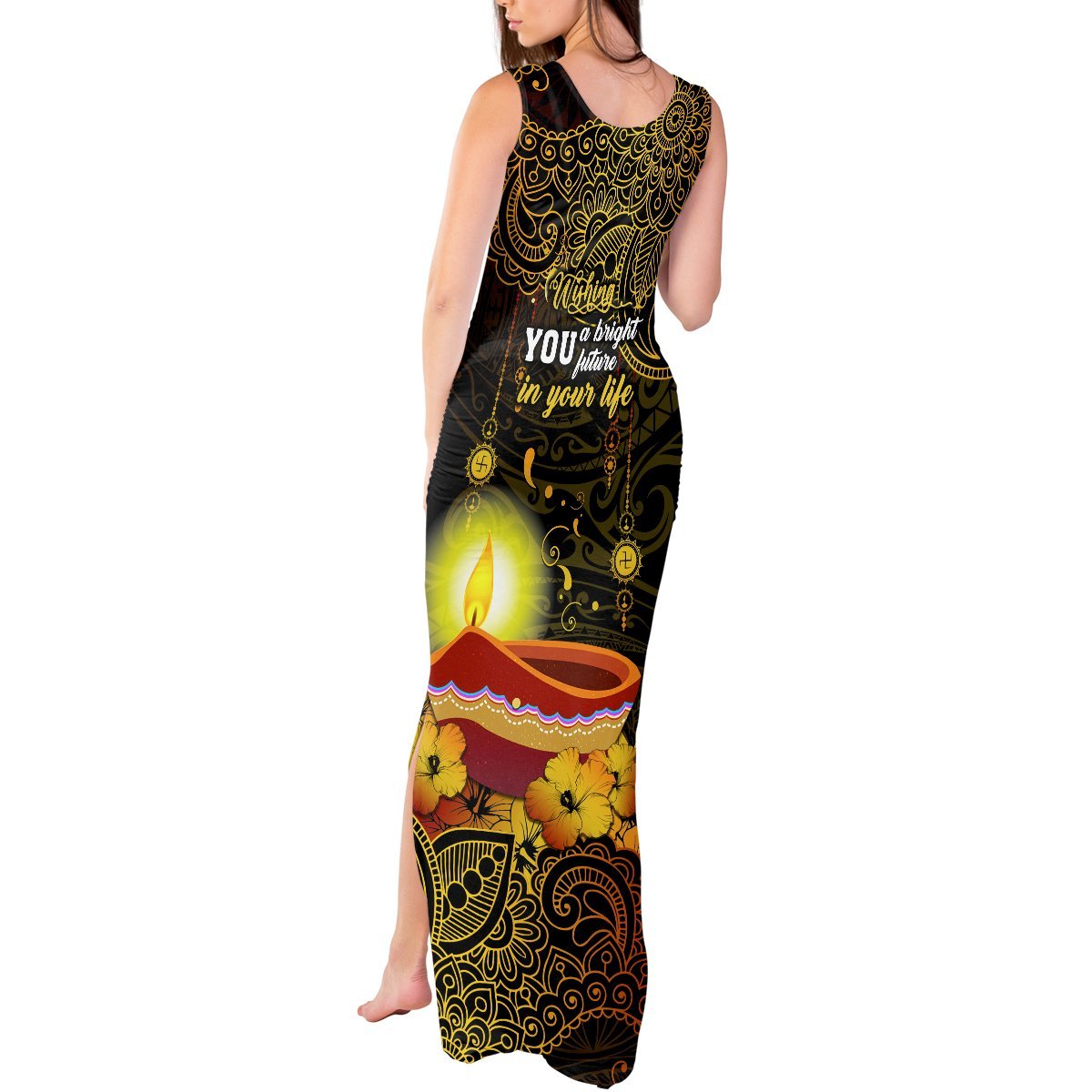 Happy Diwali Festival Tank Maxi Dress Diya Lamp Hibiscus Polynesian Pattern LT05 - Polynesian Pride