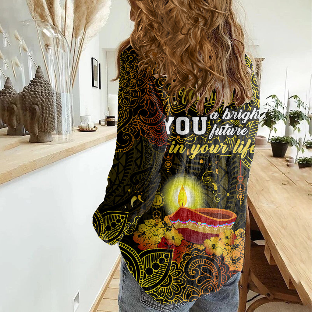 happy-diwali-festival-women-casual-shirt-diya-lamp-hibiscus-polynesian-pattern