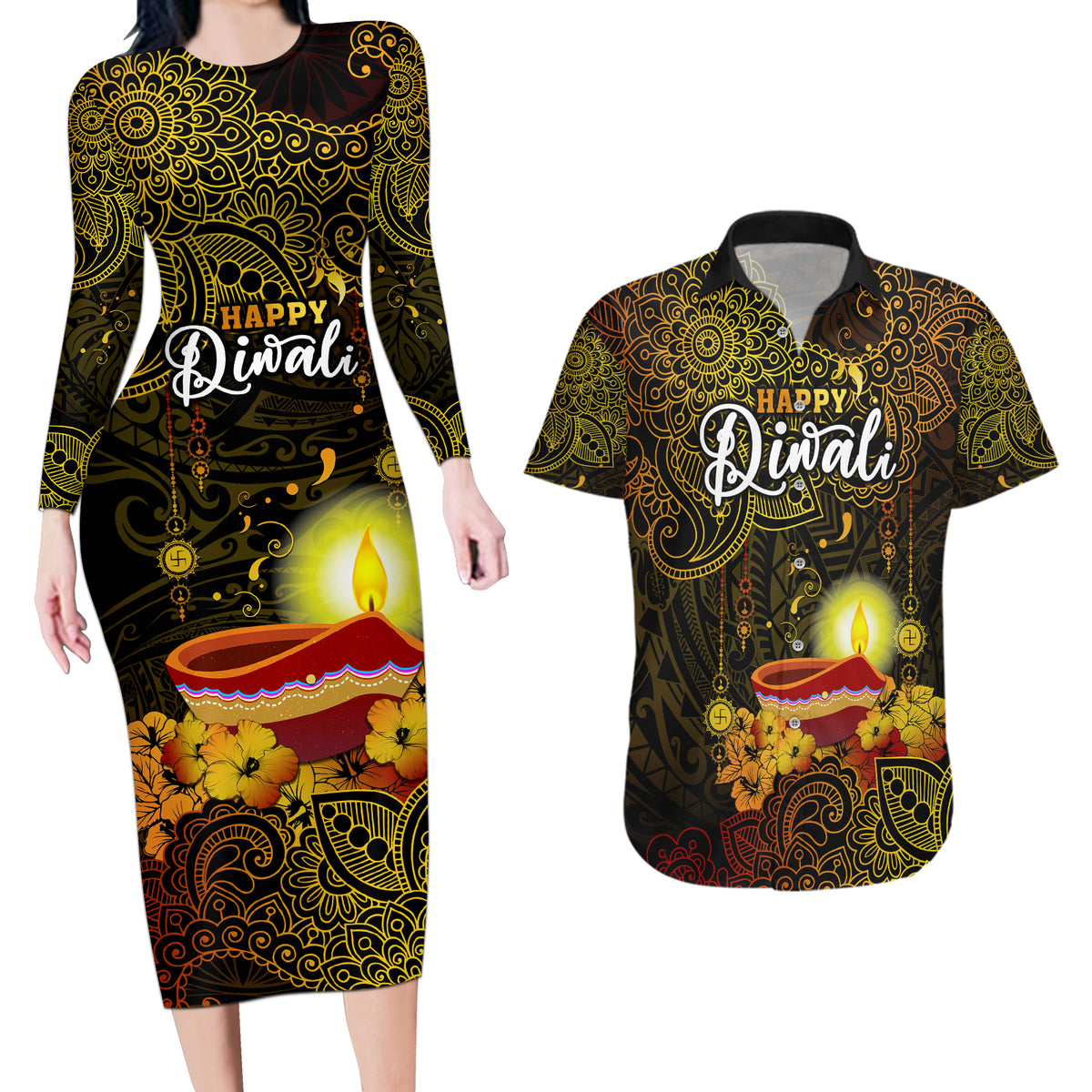 Personalized Happy Diwali Festival Couples Matching Long Sleeve Bodycon Dress and Hawaiian Shirt Diya Lamp Hibiscus Polynesian Pattern LT05 Yellow - Polynesian Pride
