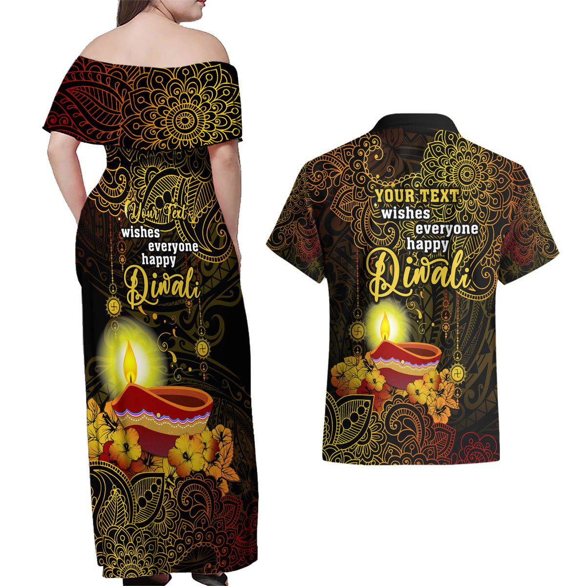 Personalized Happy Diwali Festival Couples Matching Off Shoulder Maxi Dress and Hawaiian Shirt Diya Lamp Hibiscus Polynesian Pattern LT05 - Polynesian Pride