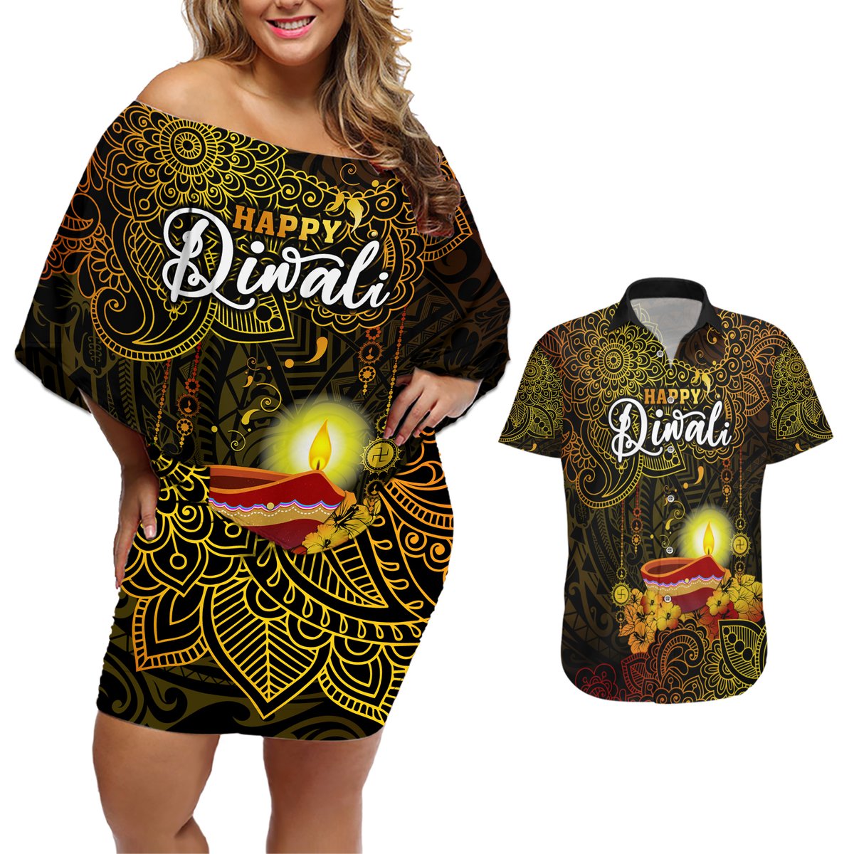 Personalized Happy Diwali Festival Couples Matching Off Shoulder Short Dress and Hawaiian Shirt Diya Lamp Hibiscus Polynesian Pattern LT05 Yellow - Polynesian Pride