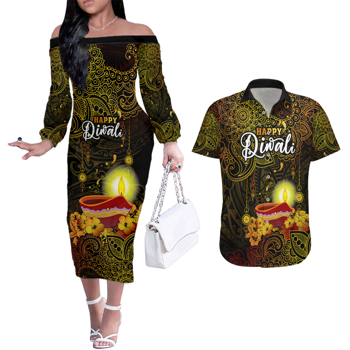 Personalized Happy Diwali Festival Couples Matching Off The Shoulder Long Sleeve Dress and Hawaiian Shirt Diya Lamp Hibiscus Polynesian Pattern LT05 Yellow - Polynesian Pride