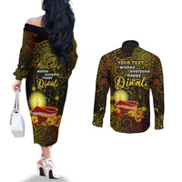Personalized Happy Diwali Festival Couples Matching Off The Shoulder Long Sleeve Dress and Long Sleeve Button Shirts Diya Lamp Hibiscus Polynesian Pattern LT05 - Polynesian Pride