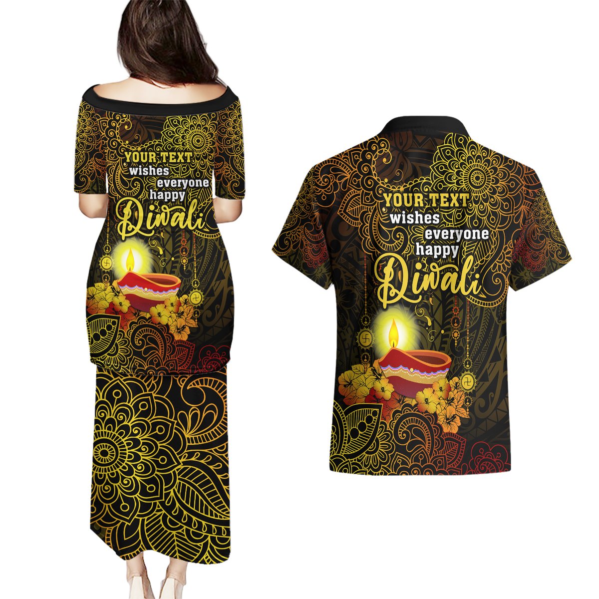 Personalized Happy Diwali Festival Couples Matching Puletasi Dress and Hawaiian Shirt Diya Lamp Hibiscus Polynesian Pattern LT05 - Polynesian Pride