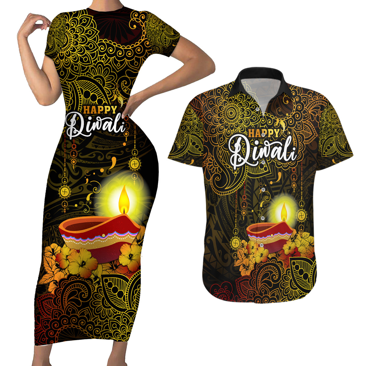 Personalized Happy Diwali Festival Couples Matching Short Sleeve Bodycon Dress and Hawaiian Shirt Diya Lamp Hibiscus Polynesian Pattern LT05 Yellow - Polynesian Pride