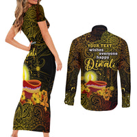Personalized Happy Diwali Festival Couples Matching Short Sleeve Bodycon Dress and Long Sleeve Button Shirts Diya Lamp Hibiscus Polynesian Pattern LT05 - Polynesian Pride