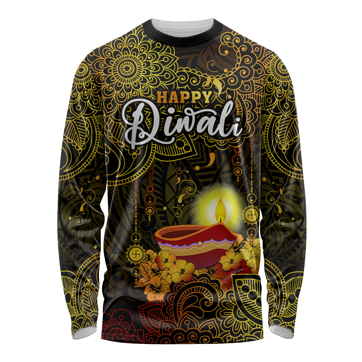 Personalized Happy Diwali Festival Long Sleeve Shirt Diya Lamp Hibiscus Polynesian Pattern LT05 Unisex Yellow - Polynesian Pride