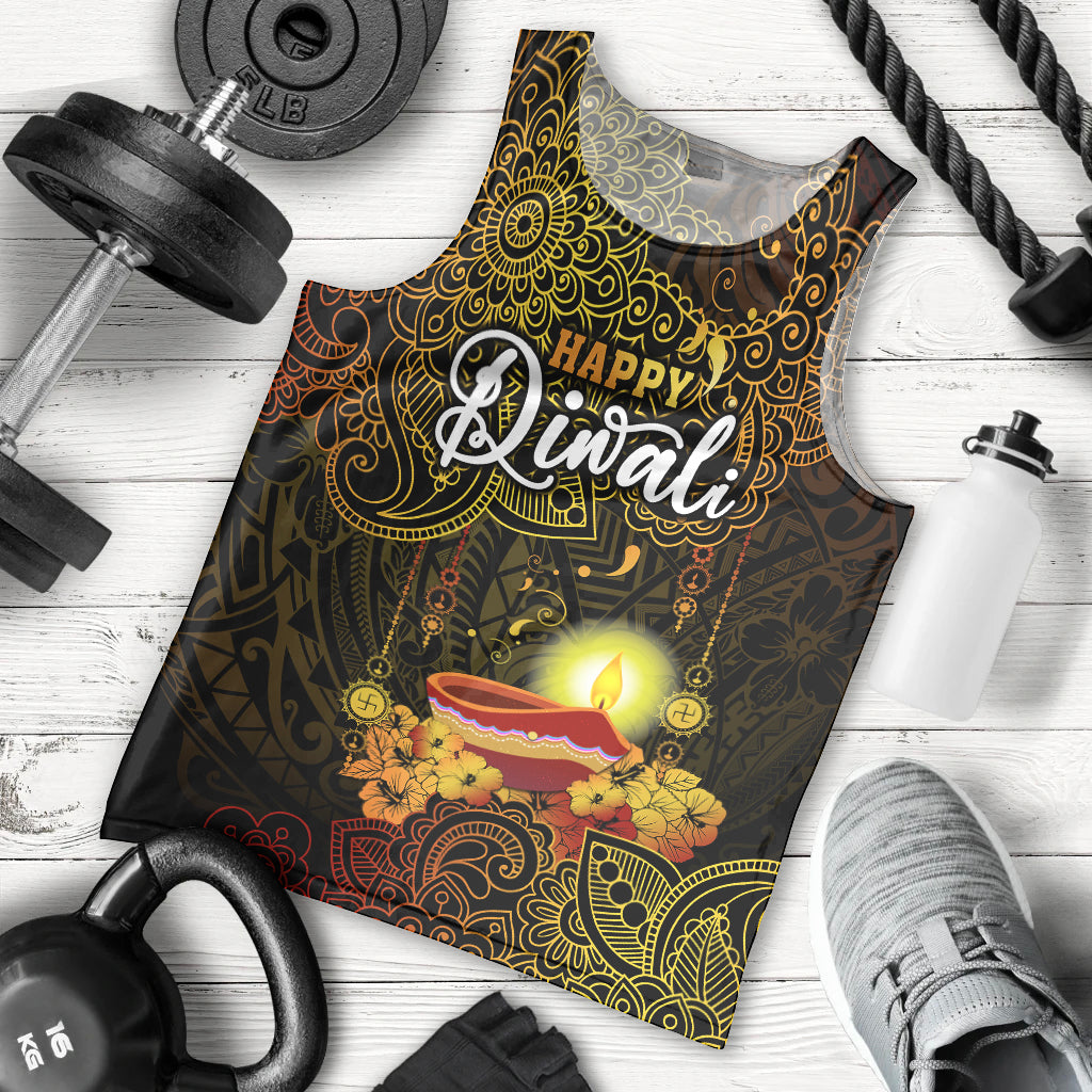 Personalized Happy Diwali Festival Men Tank Top Diya Lamp Hibiscus Polynesian Pattern LT05 Yellow - Polynesian Pride