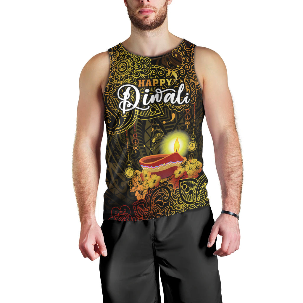 Personalized Happy Diwali Festival Men Tank Top Diya Lamp Hibiscus Polynesian Pattern LT05 - Polynesian Pride
