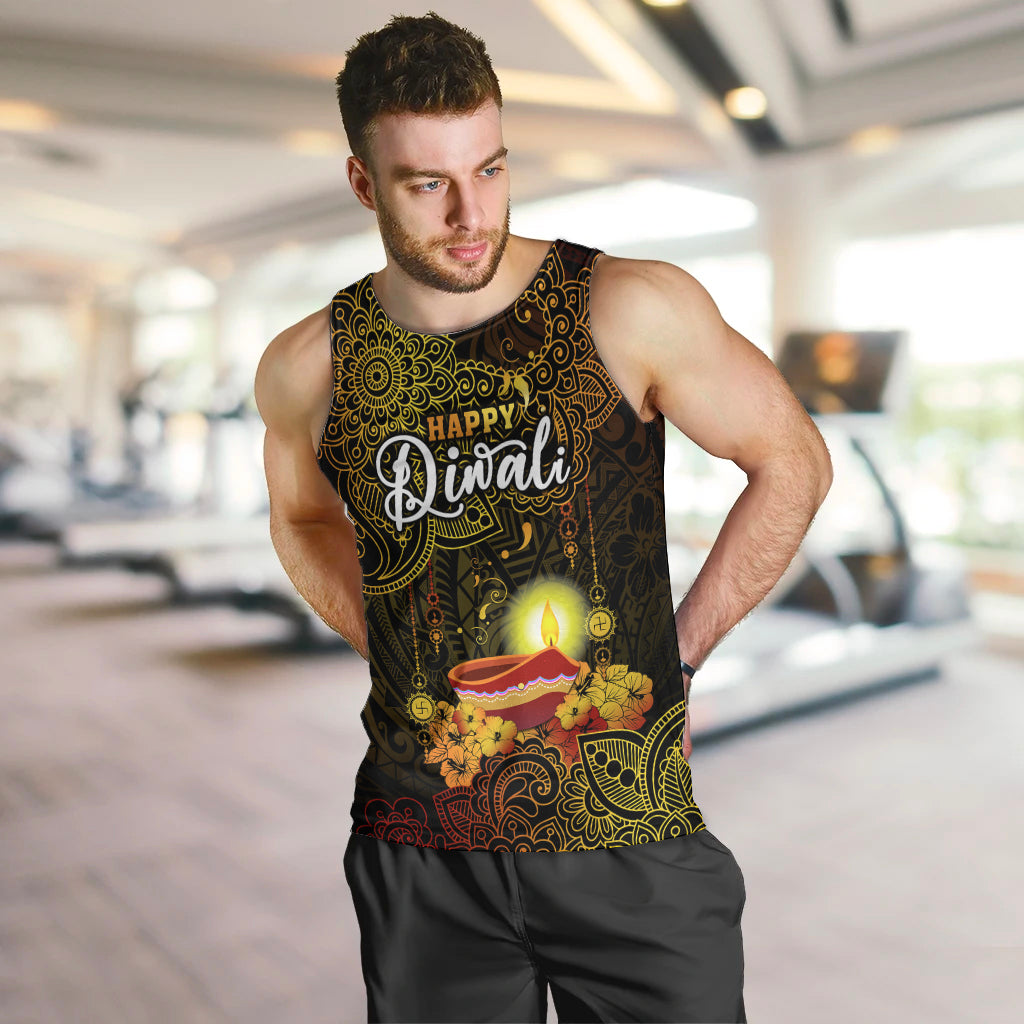 Personalized Happy Diwali Festival Men Tank Top Diya Lamp Hibiscus Polynesian Pattern LT05 - Polynesian Pride