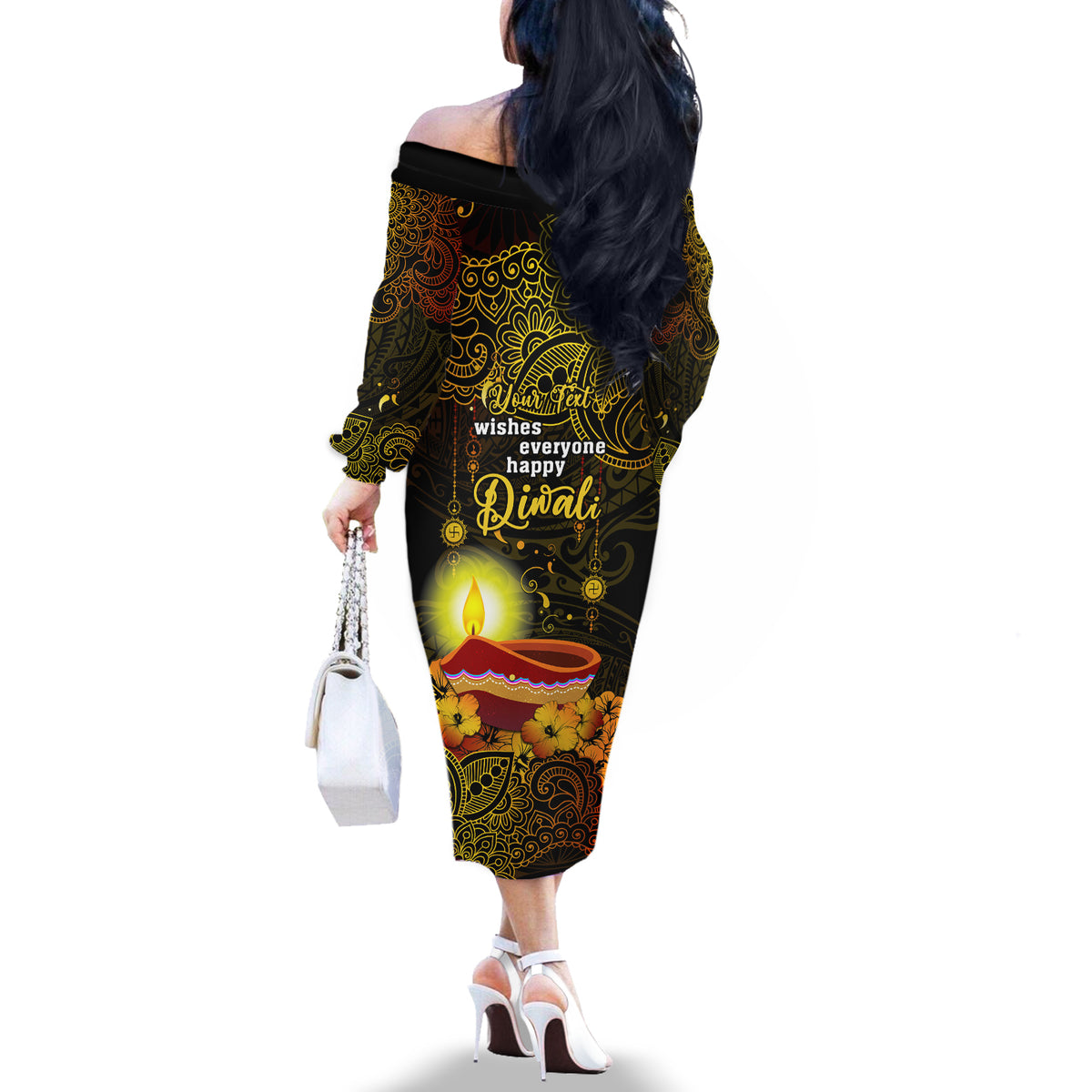 personalized-happy-diwali-festival-off-the-shoulder-long-sleeve-dress-diya-lamp-hibiscus-polynesian-pattern