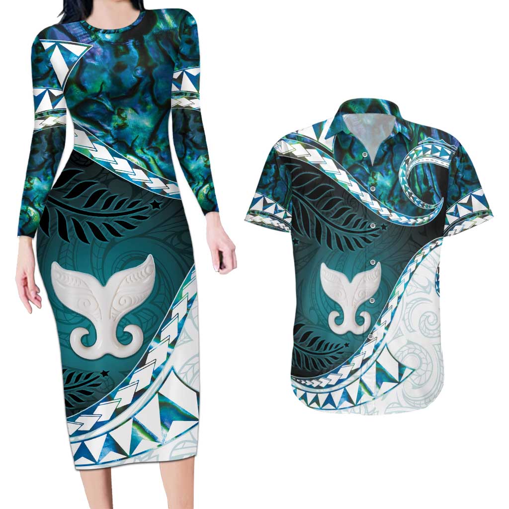 Aotearoa New Zealand Couples Matching Long Sleeve Bodycon Dress and Hawaiian Shirt Maori Wera Paua Shell Teal Glitter LT05 Teal - Polynesian Pride