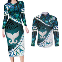 Aotearoa New Zealand Couples Matching Long Sleeve Bodycon Dress and Long Sleeve Button Shirt Maori Wera Paua Shell Teal Glitter LT05 Teal - Polynesian Pride