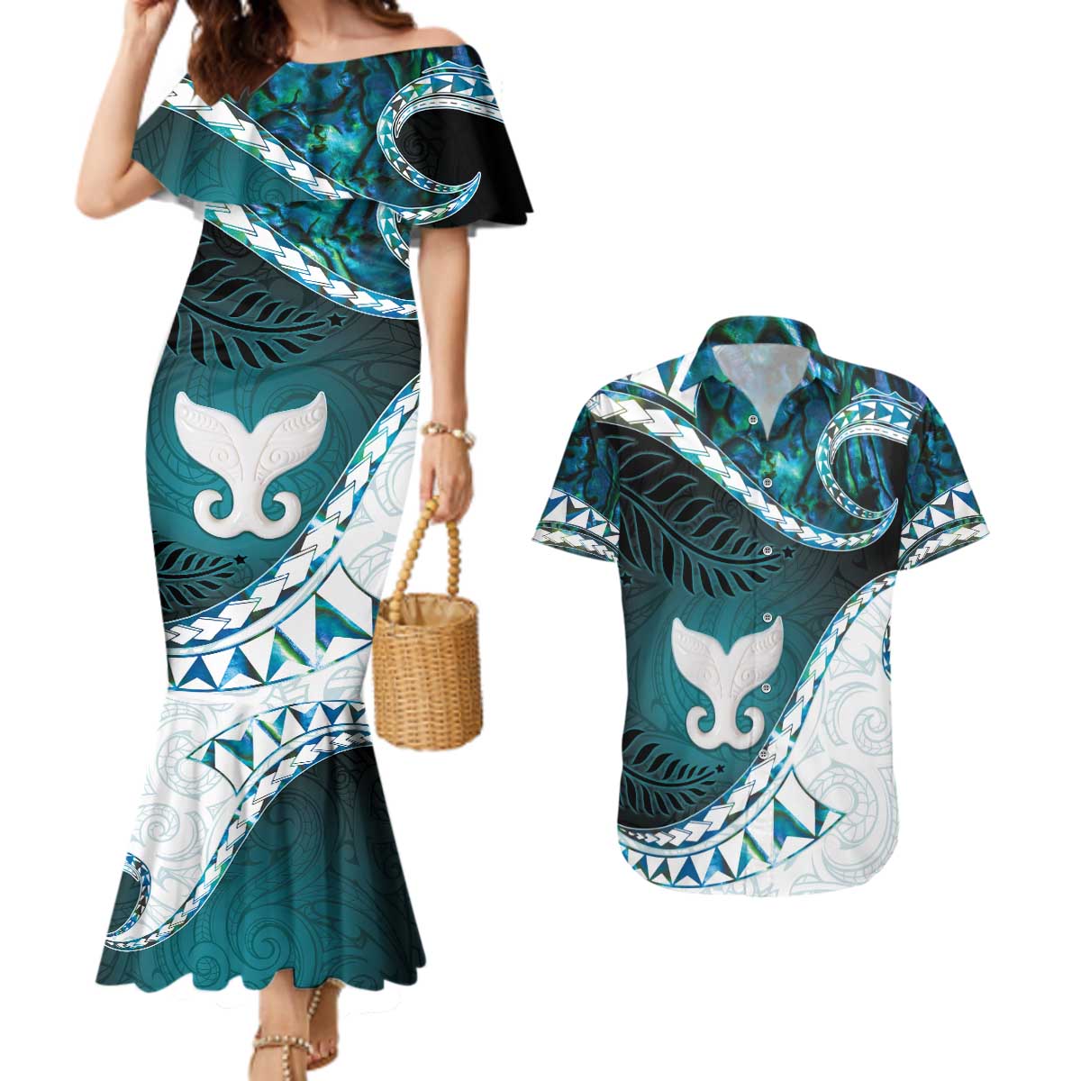 Aotearoa New Zealand Couples Matching Mermaid Dress and Hawaiian Shirt Maori Wera Paua Shell Teal Glitter LT05 Teal - Polynesian Pride