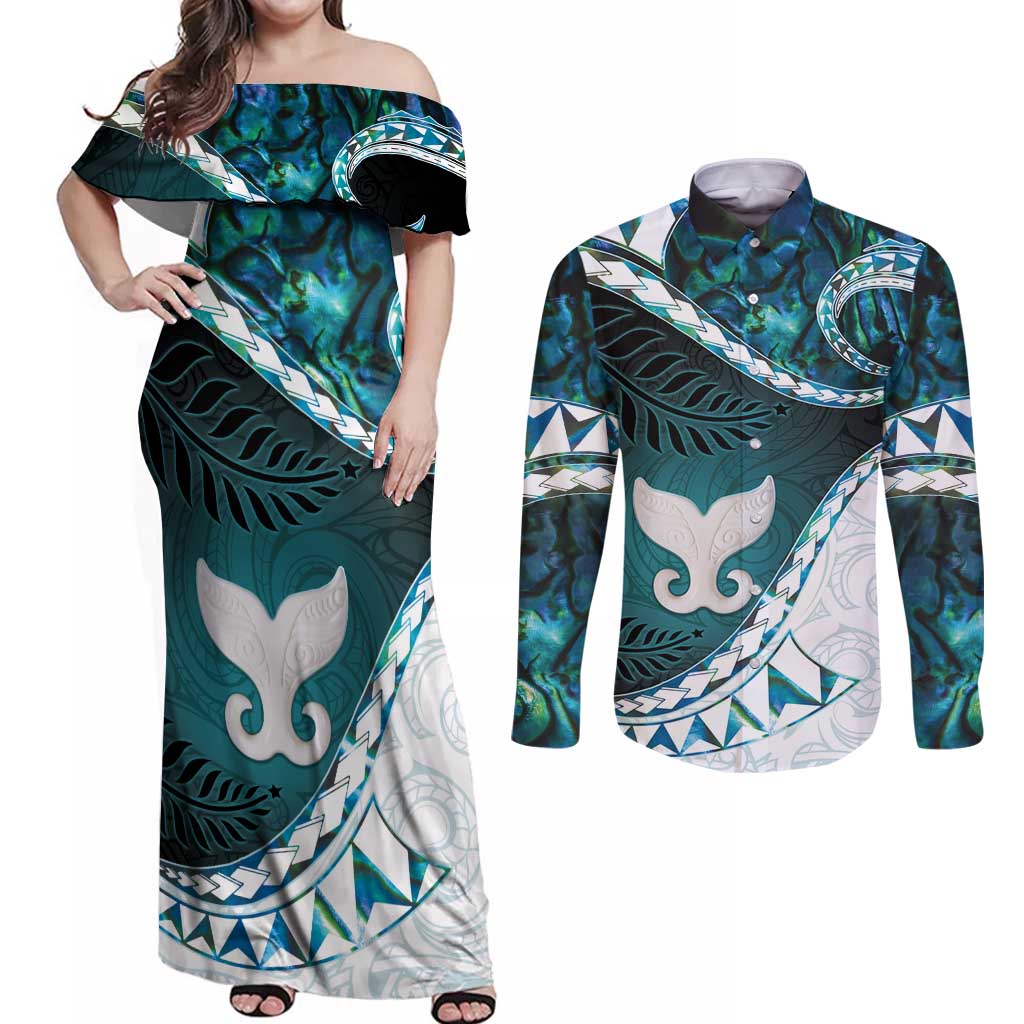 Aotearoa New Zealand Couples Matching Off Shoulder Maxi Dress and Long Sleeve Button Shirt Maori Wera Paua Shell Teal Glitter LT05 Teal - Polynesian Pride