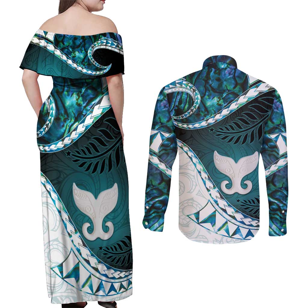 Aotearoa New Zealand Couples Matching Off Shoulder Maxi Dress and Long Sleeve Button Shirt Maori Wera Paua Shell Teal Glitter LT05 - Polynesian Pride