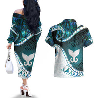 Aotearoa New Zealand Couples Matching Off The Shoulder Long Sleeve Dress and Hawaiian Shirt Maori Wera Paua Shell Teal Glitter LT05 - Polynesian Pride