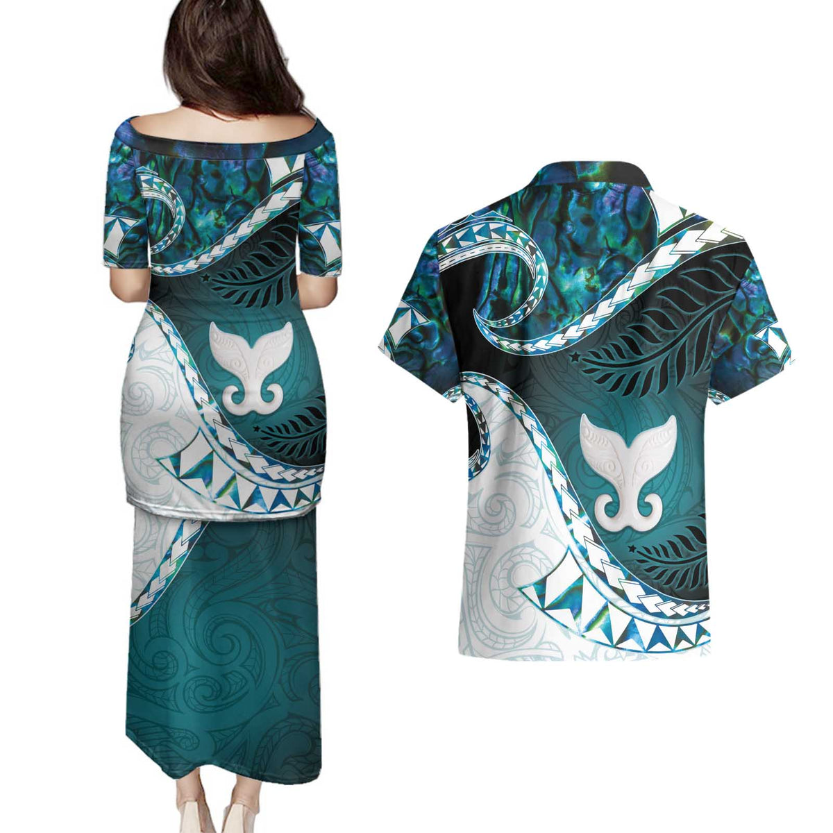 Aotearoa New Zealand Couples Matching Puletasi and Hawaiian Shirt Maori Wera Paua Shell Teal Glitter LT05 - Polynesian Pride