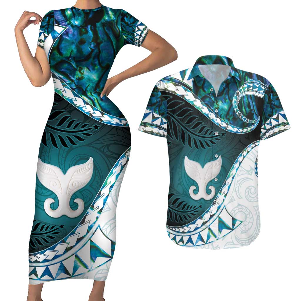 Aotearoa New Zealand Couples Matching Short Sleeve Bodycon Dress and Hawaiian Shirt Maori Wera Paua Shell Teal Glitter LT05 Teal - Polynesian Pride