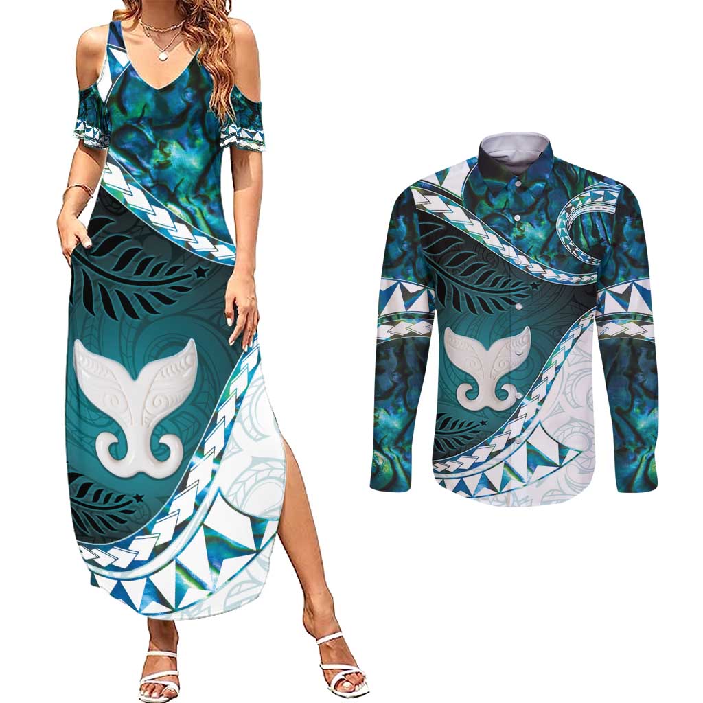 Aotearoa New Zealand Couples Matching Summer Maxi Dress and Long Sleeve Button Shirt Maori Wera Paua Shell Teal Glitter LT05 Teal - Polynesian Pride