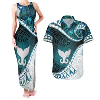 Aotearoa New Zealand Couples Matching Tank Maxi Dress and Hawaiian Shirt Maori Wera Paua Shell Teal Glitter LT05 Teal - Polynesian Pride