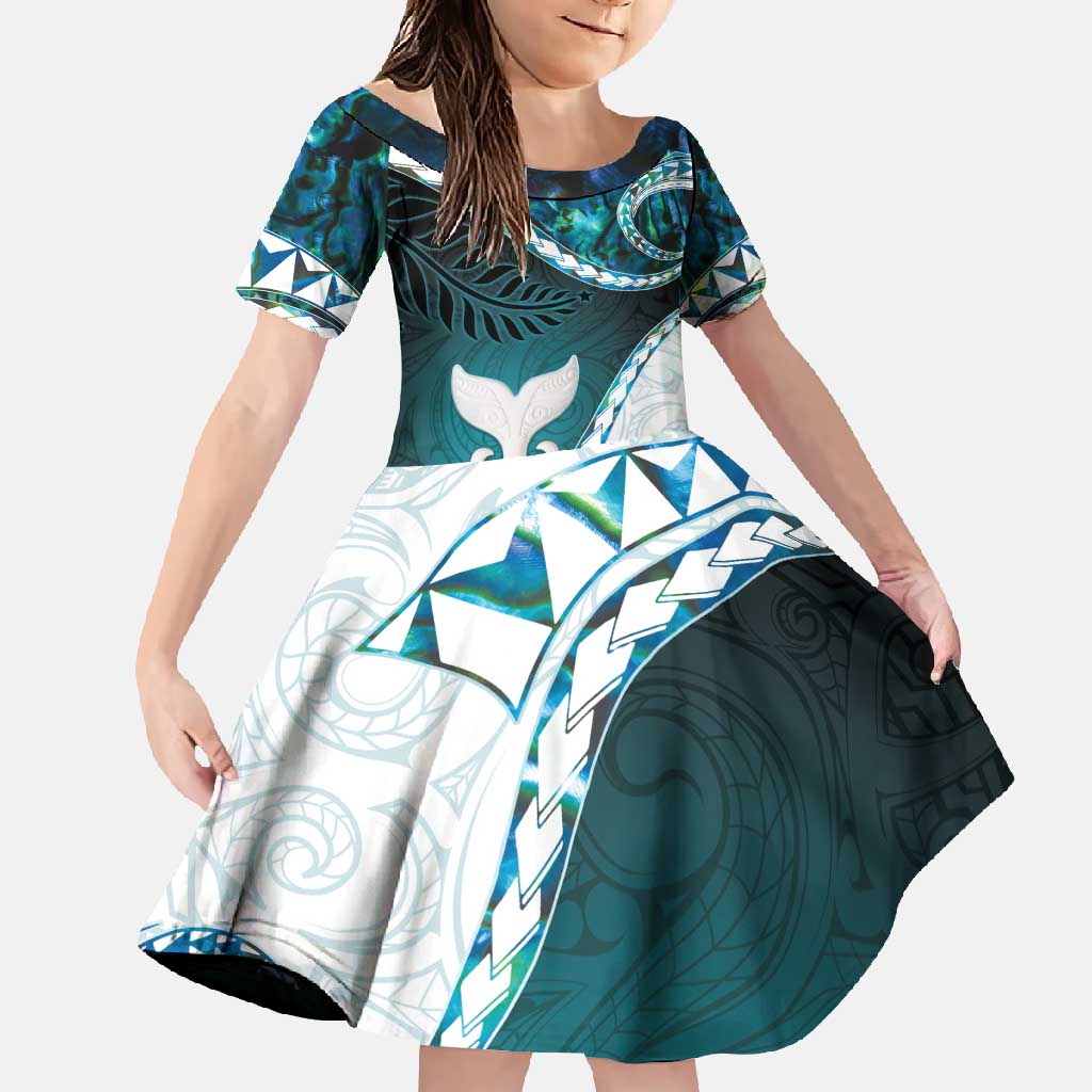 Aotearoa New Zealand Family Matching Long Sleeve Bodycon Dress and Hawaiian Shirt Maori Wera Paua Shell Teal Glitter LT05 Daughter's Dress Teal - Polynesian Pride